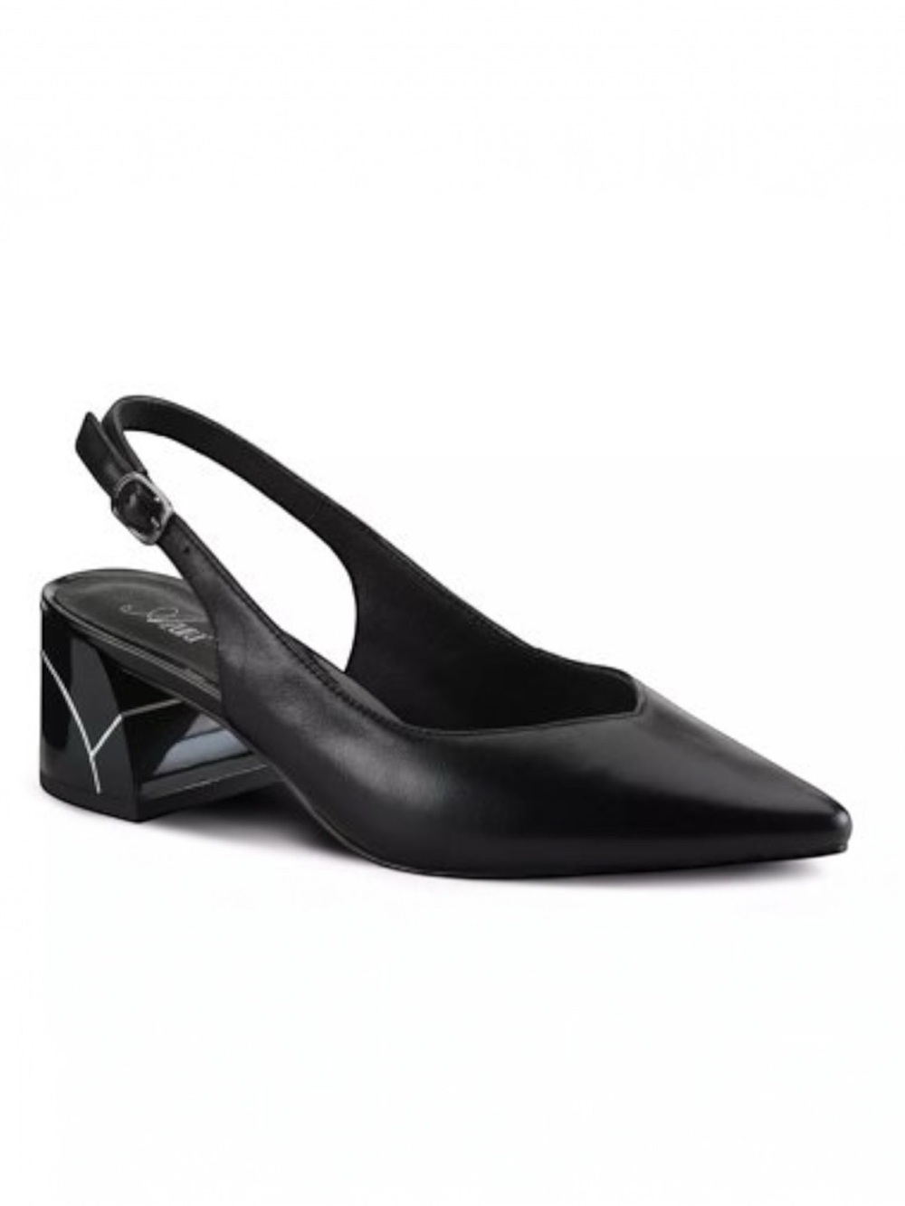 Azura Black Leather Slingback Sandal with Geometric Block Heel Size 42 10.5 11